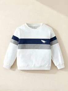 SHEIN Genkimix Kids 小男孩休閒運動衫，恐龍圖案印花白色多色對比條紋圓領套頭上衣，秋季上衣，秋季服飾 - 白色 - 查看 1