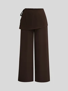 Sweetra Casual Elegant Minimalist Brown 2 In 1 Wide Leg Pants Plus Size Women's Trousers Fall - Brown - View 3
