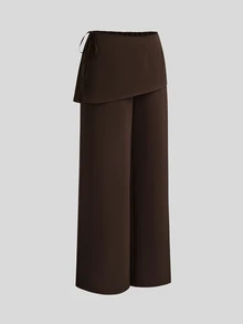 Sweetra Casual Elegant Minimalist Brown 2 In 1 Wide Leg Pants Plus Size Women's Trousers Fall - Brown - View 4