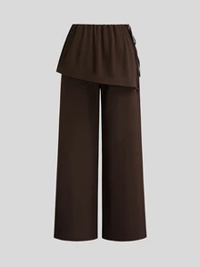 Sweetra Casual Elegant Minimalist Brown 2 In 1 Wide Leg Pants Plus Size Women's Trousers Fall - Brown - View 2