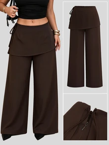 Sweetra Casual Elegant Minimalist Brown 2 In 1 Wide Leg Pants Plus Size Women's Trousers Fall - Brown - View 1