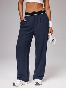 Dewbera Dewbera Comfortable Wide Leg Navy Sports Pants For Everyday Training And Casual Wear Comfy Blue Loose Sweatpants - Navy Blue - View 3