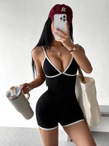 Dewbera Dewbera 女款拼色休閒運動性感日常穿著細肩帶運動連身褲 健身房黑白配色夏季款 - 黑與白 - 查看 2