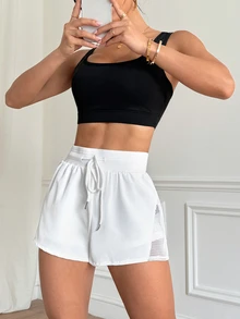 Dewbera Dewbera Women's Solid Color Drawstring Waist Hollow Out Daily Fitness Sports Shorts Sweater Shorts - White - View 5