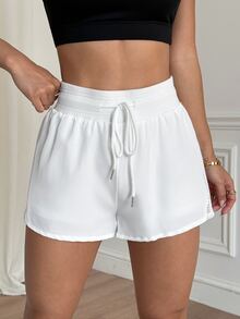 Dewbera Dewbera Women's Solid Color Drawstring Waist Hollow Out Daily Fitness Sports Shorts Sweater Shorts - White - View 8