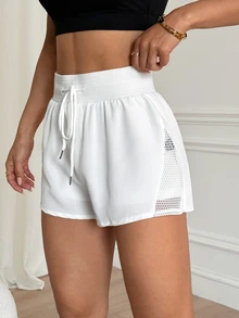 Dewbera Dewbera Women's Solid Color Drawstring Waist Hollow Out Daily Fitness Sports Shorts Sweater Shorts - White - View 6
