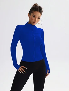 SHEIN Sports Slim Fit Workout Athletic Sports Running Jacket With Zipper, Stretchy Bodycon Casual Long Sleeve Yoga Tops - Royal Blue - View 2
