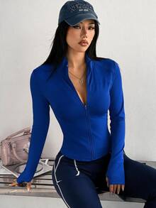 SHEIN Sports Slim Fit Workout Athletic Sports Running Jacket With Zipper, Stretchy Bodycon Casual Long Sleeve Yoga Tops - Royal Blue - View 1