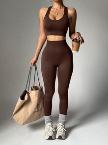Dewbera Dewbera Women's Fashion Solid Elastic Racerback Sports Bra And Leggings 2pcs Activewear Set,Shades Of Brown,Summer,Athleisure,Gym Workout Outfits - Chocolate Brown - View 6