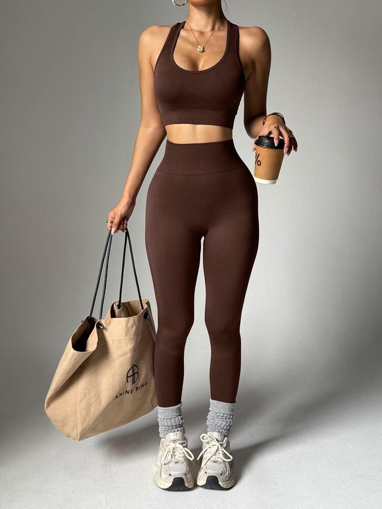 SHEIN Sports Women's Fashion Solid Elastic Racerback Sports Bra And Leggings 2pcs Activewear Set,Shades Of Brown,Summer,Athleisure,Gym Workout Outfits - Chocolate Brown - View 5
