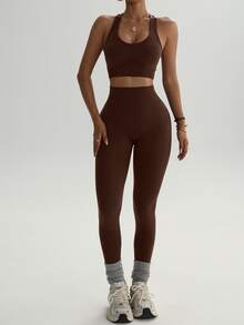 Dewbera Dewbera Women's Fashion Solid Elastic Racerback Sports Bra And Leggings 2pcs Activewear Set,Shades Of Brown,Summer,Athleisure,Gym Workout Outfits - Chocolate Brown - View 8