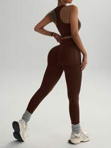 Dewbera Dewbera Women's Fashion Solid Elastic Racerback Sports Bra And Leggings 2pcs Activewear Set,Shades Of Brown,Summer,Athleisure,Gym Workout Outfits - Chocolate Brown - View 5