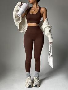Dewbera Dewbera Women's Fashion Solid Elastic Racerback Sports Bra And Leggings 2pcs Activewear Set,Shades Of Brown,Summer,Athleisure,Gym Workout Outfits - Chocolate Brown - View 7