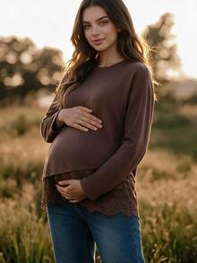 Boho Mama Maternity Solid Color Round Neck Long Sleeve Lace Hem T-Shirt - Chocolate Brown - View 1