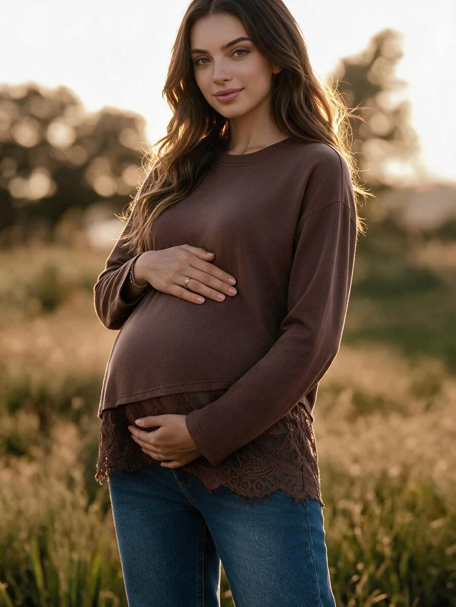Boho Mama Maternity Solid Color Round Neck Long Sleeve Lace Hem T-Shirt - Chocolate Brown - View 1