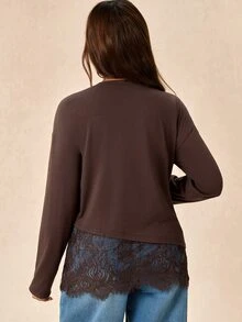 Boho Mama Maternity Solid Color Round Neck Long Sleeve Lace Hem T-Shirt - Chocolate Brown - View 5