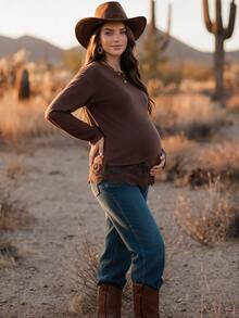 Boho Mama Maternity Solid Color Round Neck Long Sleeve Lace Hem T-Shirt - Chocolate Brown - View 3