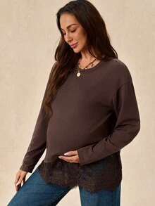 Boho Mama Maternity Solid Color Round Neck Long Sleeve Lace Hem T-Shirt - Chocolate Brown - View 8