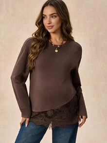 Boho Mama Maternity Solid Color Round Neck Long Sleeve Lace Hem T-Shirt - Chocolate Brown - View 2