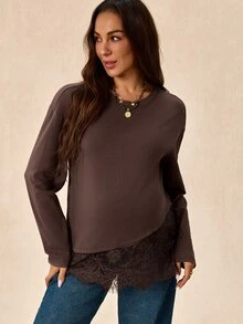 Boho Mama Maternity Solid Color Round Neck Long Sleeve Lace Hem T-Shirt - Chocolate Brown - View 4