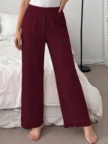 SHEIN 撞色提花针织女式休闲裤，秋冬季，舒适保暖 - 酒紅色 - 查看 4