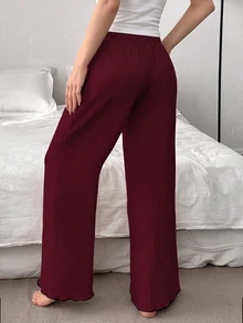 SHEIN 撞色提花针织女式休闲裤，秋冬季，舒适保暖 - 酒紅色 - 查看 2