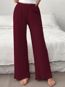 SHEIN 撞色提花针织女式休闲裤，秋冬季，舒适保暖 - 酒紅色 - 查看 5