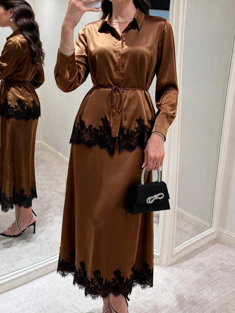 Modelyn Elegant Lace Patchwork Satin Drape Tie Long Sleeve Blouse & Full Skirt Two Pieces Set For Women Plus Size - Brown - View 6
