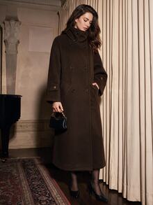 Anewsta Women's Elegant Christmas & New Year High-End Vintage Solid Color Stand Collar Loose Mid-Length Versatile Dark Wool Coat, Winter - Coffee Brown - View 4
