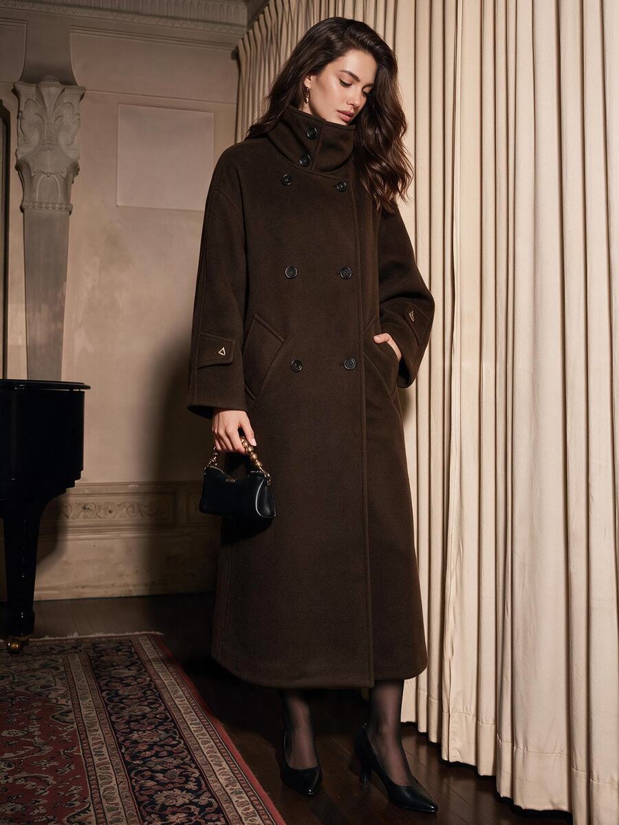 Anewsta Women's Elegant Christmas & New Year High-End Vintage Solid Color Stand Collar Loose Mid-Length Versatile Dark Wool Coat, Winter - Coffee Brown - View 1