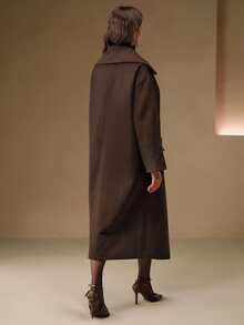 Anewsta Women's Elegant Christmas & New Year High-End Vintage Solid Color Stand Collar Loose Mid-Length Versatile Dark Wool Coat, Winter - Coffee Brown - View 2