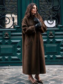 Anewsta Women's Elegant Christmas & New Year High-End Vintage Solid Color Stand Collar Loose Mid-Length Versatile Dark Wool Coat, Winter - Coffee Brown - View 7