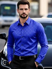 Calvornis Men's Black Button Down Long Sleeve Slim Fit Business Formal Dress Shirt , Men Royal Blue Luxury Designer Shirt,Fall, Ceremony - Royal Blue - View 3