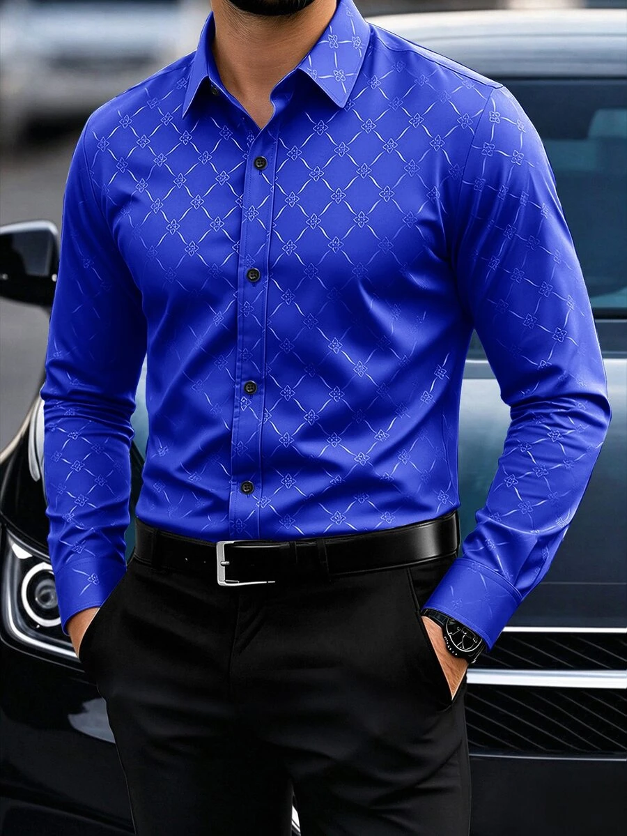 Calvornis Men's Black Button Down Long Sleeve Slim Fit Business Formal Dress Shirt , Men Royal Blue Luxury Designer Shirt,Fall, Ceremony - Royal Blue - View 1