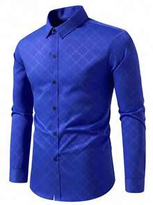 Calvornis Men's Black Button Down Long Sleeve Slim Fit Business Formal Dress Shirt , Men Royal Blue Luxury Designer Shirt,Fall, Ceremony - Royal Blue - View 4
