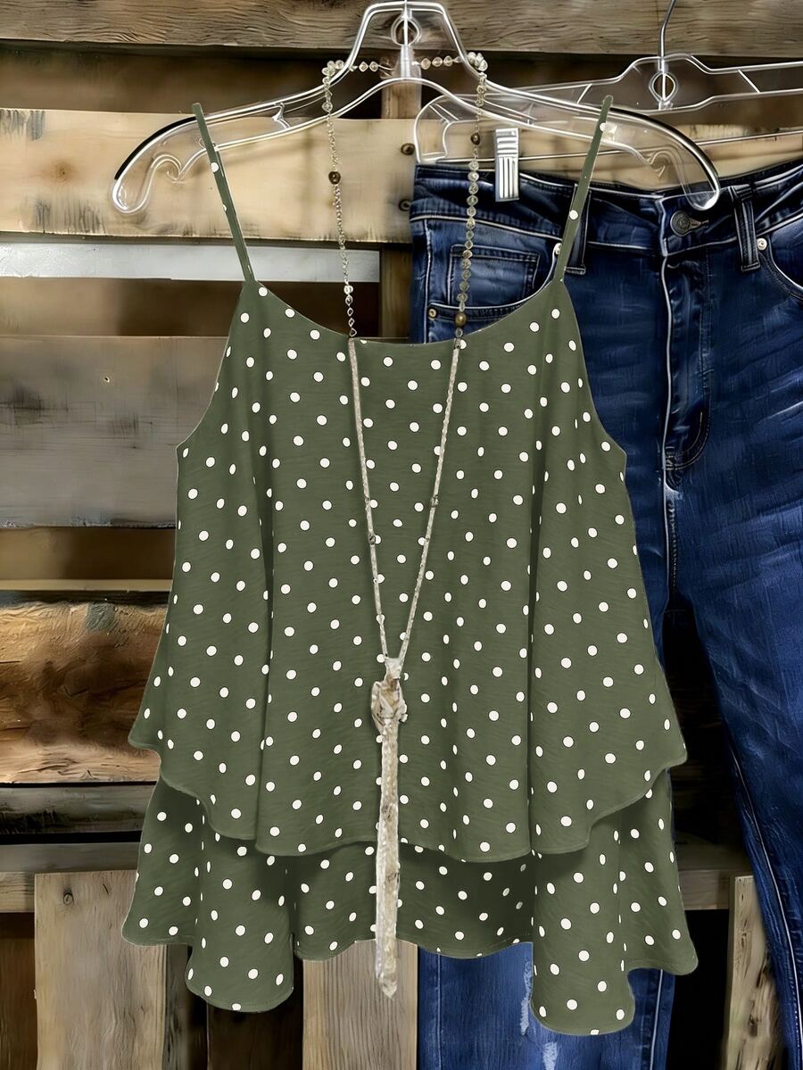 EMERY ROSE Women's Woven Casual Resort Fashion Polka Dot Halter Summer Top - Green - View 1