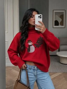 SHEIN LUNE Women's Red Knitted Sweater With Rhinestone Snowman Pattern, Dropped Shoulder Loose Short Style, Holiday Atmosphere Top For Autumn/Winter New Year Christmas - Red - View 5