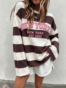 Glamine 女款秋冬基礎條紋拼色圓領長袖外套上衣，適合返校、旅行、街頭風與休閒日常穿搭 - 彩色 - 查看 4