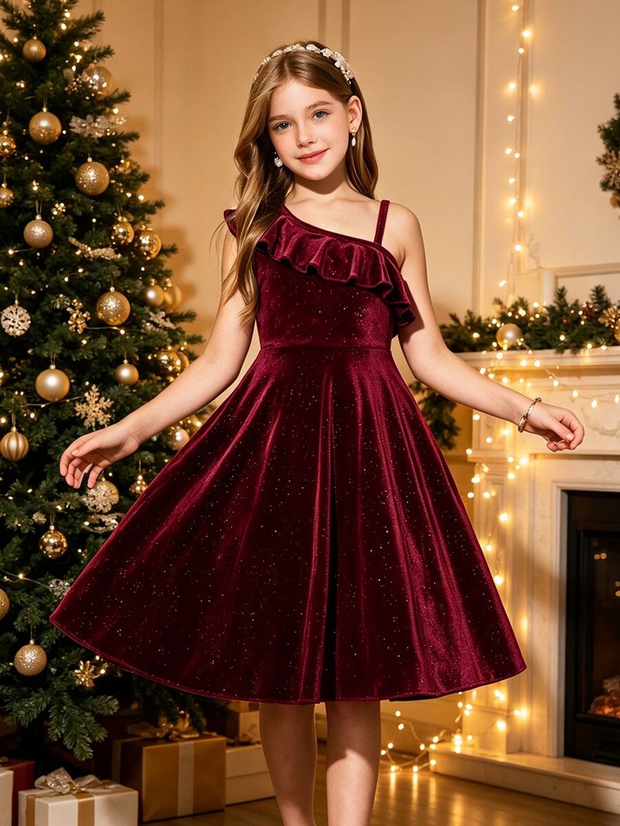 SHEIN Tween Girls Christmas Party Dress Red Skirt One Shoulder Ruffle Velvet Glitter Shimmer Asymmetric Fit Flare A Line Pleated Mini Skater Dresses - Burgundy - View 1