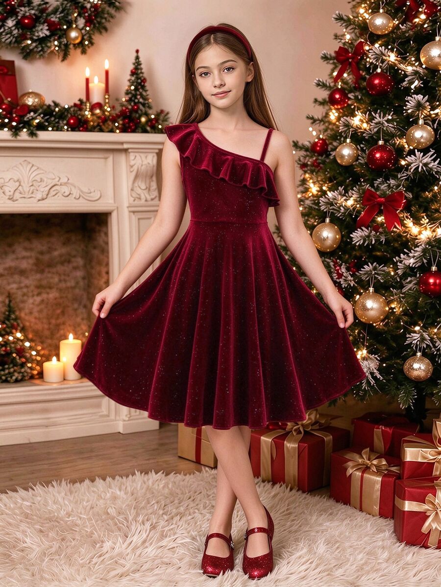 SHEIN Tween Girls Christmas Party Dress Red Skirt One Shoulder Ruffle Velvet Glitter Shimmer Asymmetric Fit Flare A Line Pleated Mini Skater Dresses - Burgundy - View 1