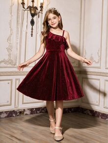 SHEIN Tween Girls Christmas Party Dress Red Skirt One Shoulder Ruffle Velvet Glitter Shimmer Asymmetric Fit Flare A Line Pleated Mini Skater Dresses - Burgundy - View 3