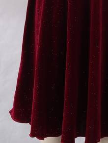 SHEIN Tween Girls Christmas Party Dress Red Skirt One Shoulder Ruffle Velvet Glitter Shimmer Asymmetric Fit Flare A Line Pleated Mini Skater Dresses - Burgundy - View 7