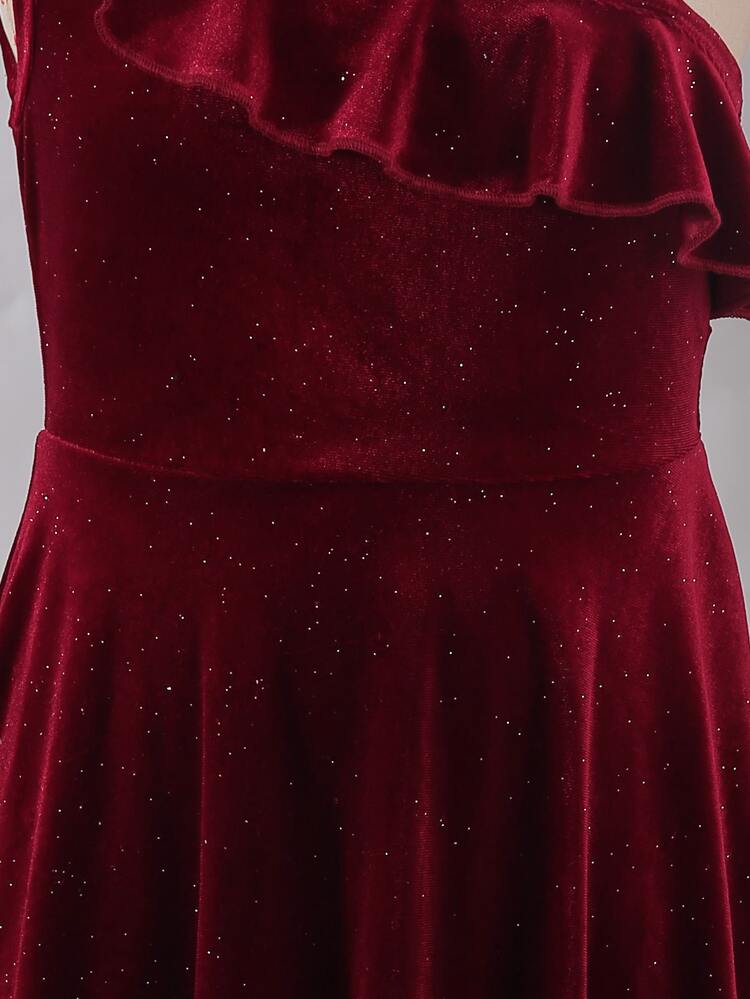 SHEIN Tween Girls Christmas Party Dress Red Skirt One Shoulder Ruffle Velvet Glitter Shimmer Asymmetric Fit Flare A Line Pleated Mini Skater Dresses - Burgundy - View 6
