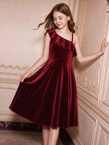 SHEIN Tween Girls Christmas Party Dress Red Skirt One Shoulder Ruffle Velvet Glitter Shimmer Asymmetric Fit Flare A Line Pleated Mini Skater Dresses - Burgundy - View 4