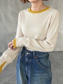 FRIFUL Women's Contrast Color Ribbed Fabric Cuff Slit Long Sleeve Slim Fit Casual Versatile T-Shirt Fall - Apricot - View 5