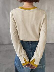 FRIFUL Women's Contrast Color Ribbed Fabric Cuff Slit Long Sleeve Slim Fit Casual Versatile T-Shirt Fall - Apricot - View 2