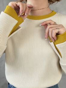 FRIFUL Women's Contrast Color Ribbed Fabric Cuff Slit Long Sleeve Slim Fit Casual Versatile T-Shirt Fall - Apricot - View 1