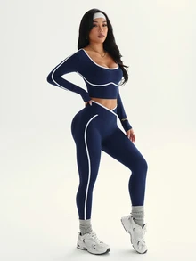 Dewbera Dewbera Seamless High Elasticity Yoga Sporty Sexy Fitness Women Sports Criss-Cross Waist Contrast Color Two Piece Legging Set Navy Blue Workout Gym Autumn - Navy Blue - View 10