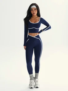 Dewbera Dewbera Seamless High Elasticity Yoga Sporty Sexy Fitness Women Sports Criss-Cross Waist Contrast Color Two Piece Legging Set Navy Blue Workout Gym Autumn - Navy Blue - View 8