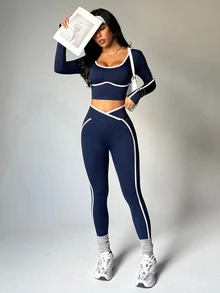 Dewbera Dewbera Seamless High Elasticity Yoga Sporty Sexy Fitness Women Sports Criss-Cross Waist Contrast Color Two Piece Legging Set Navy Blue Workout Gym Autumn - Navy Blue - View 7